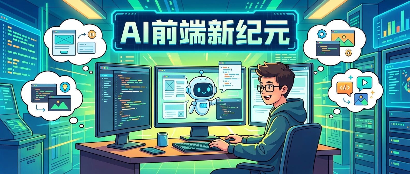文生图:扁平插画风格,一位前端开发者坐在电脑前,表情轻松愉悦,电脑屏幕上显示着AI助手(一个可爱的机器人形象)正在快速生成UI界面和代码片段,周围漂浮着各种创意灵感气泡,背景是充满活力的数字工作空间,色彩明亮,象征着AIGC带来的轻松与高效。