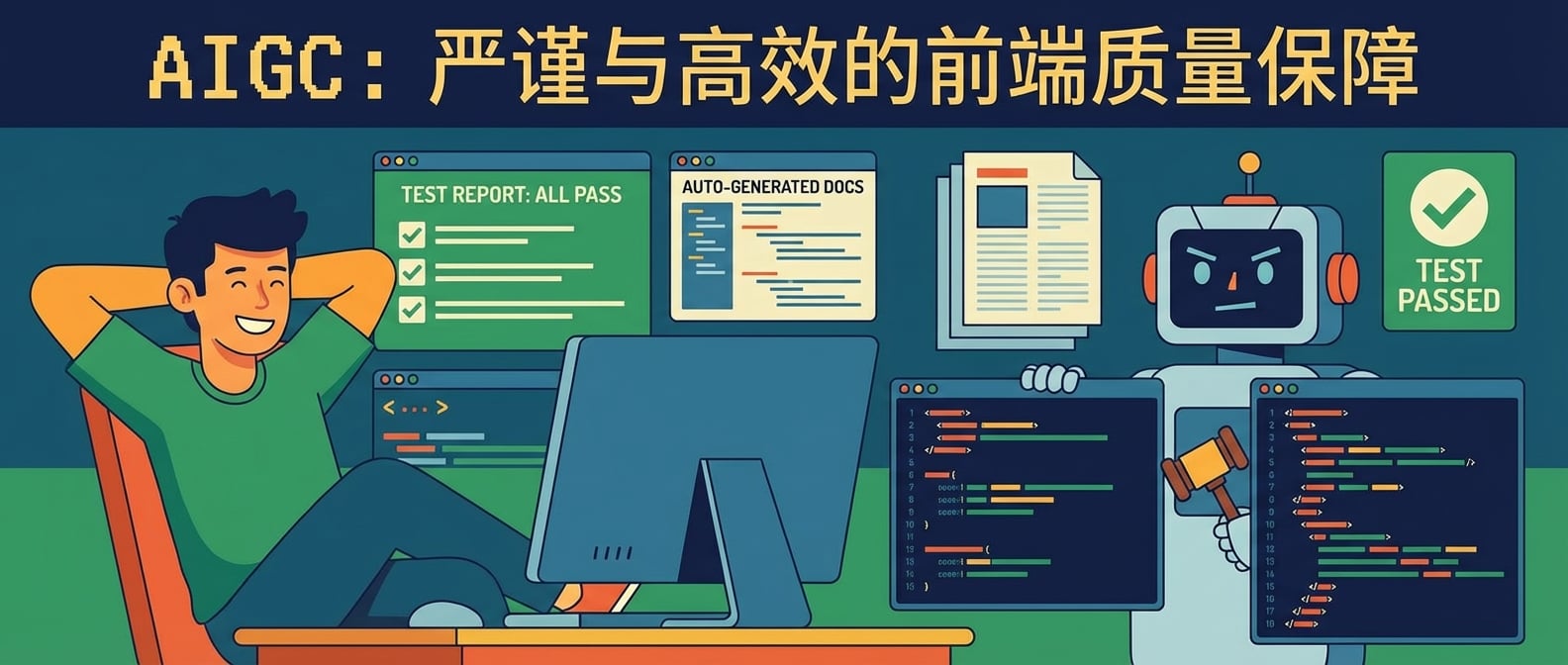 文生图:扁平插画风格,一位前端开发者轻松地在电脑前,屏幕上显示着测试报告和自动生成的文档,AI助手(一个威严的卡通机器人,手持法槌)正在审核代码,背后是堆叠整齐的文档和绿色的测试通过标志,象征着AIGC在保障前端质量方面的严谨和高效。