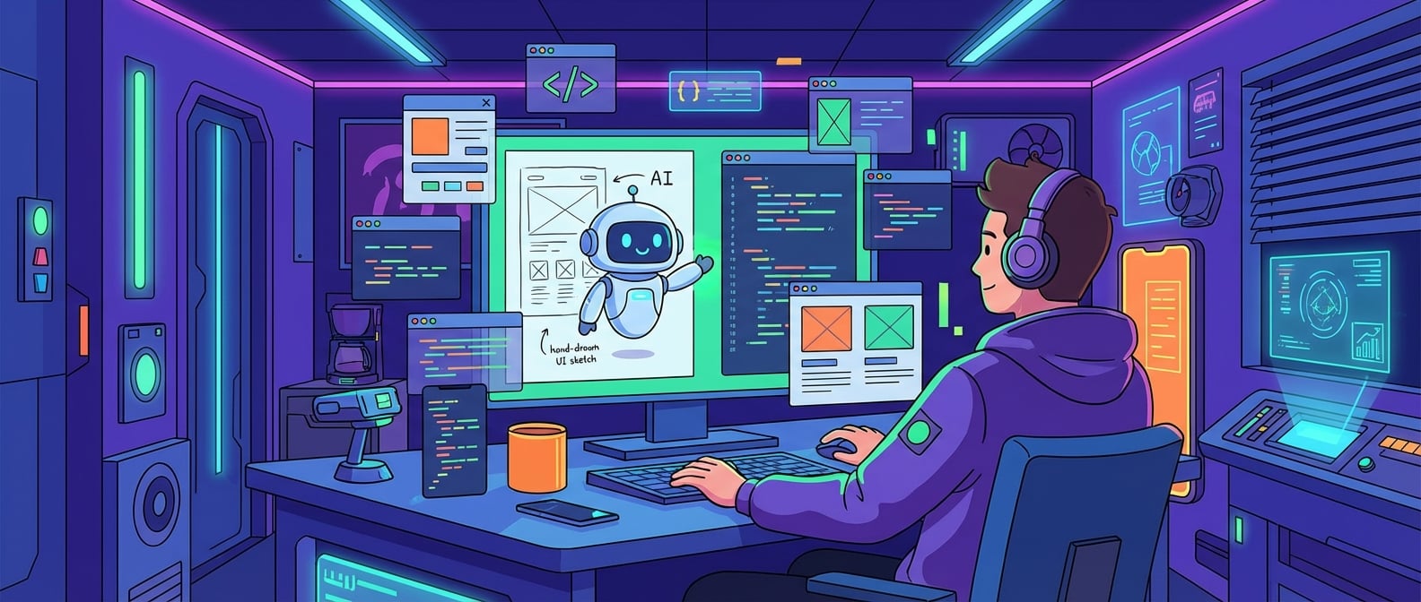 文生图:扁平插画风格,一位前端设计师轻松地坐在电脑前,屏幕上AI助手(一个可爱的卡通机器人)正将一张手绘的UI草图快速转换成精美的前端代码和交互界面,周围漂浮着各种UI组件和设计元素,背景是充满未来感的创意工作室。