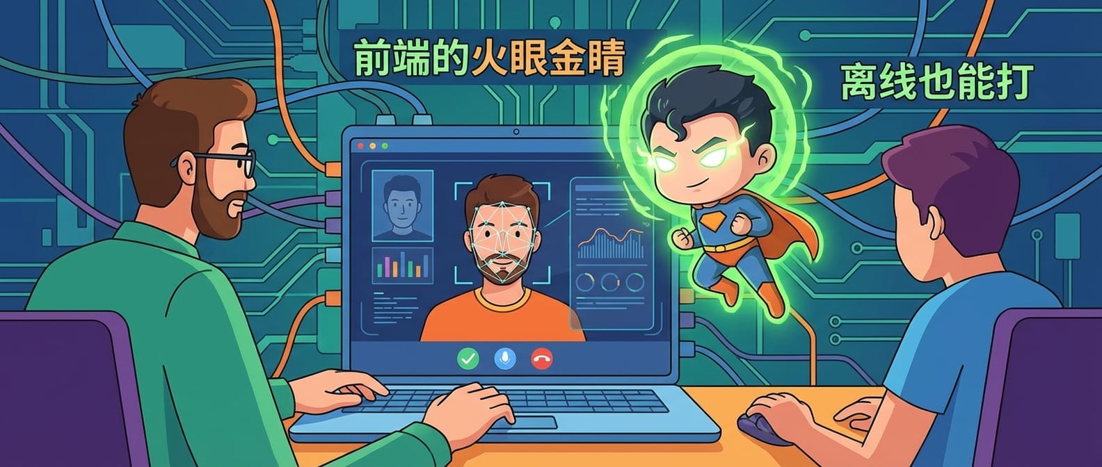 文生图:扁平插画风格,一个前端工程师在屏幕前工作,屏幕上展示着一个正在进行实时人脸识别的App界面,旁边有一个Q版的小超人,象征着前端应用拥有“火眼金睛”的智能能力,背景是错综复杂的网络线路,但小超人周围有一圈绿色的光环,表示离线也能工作。