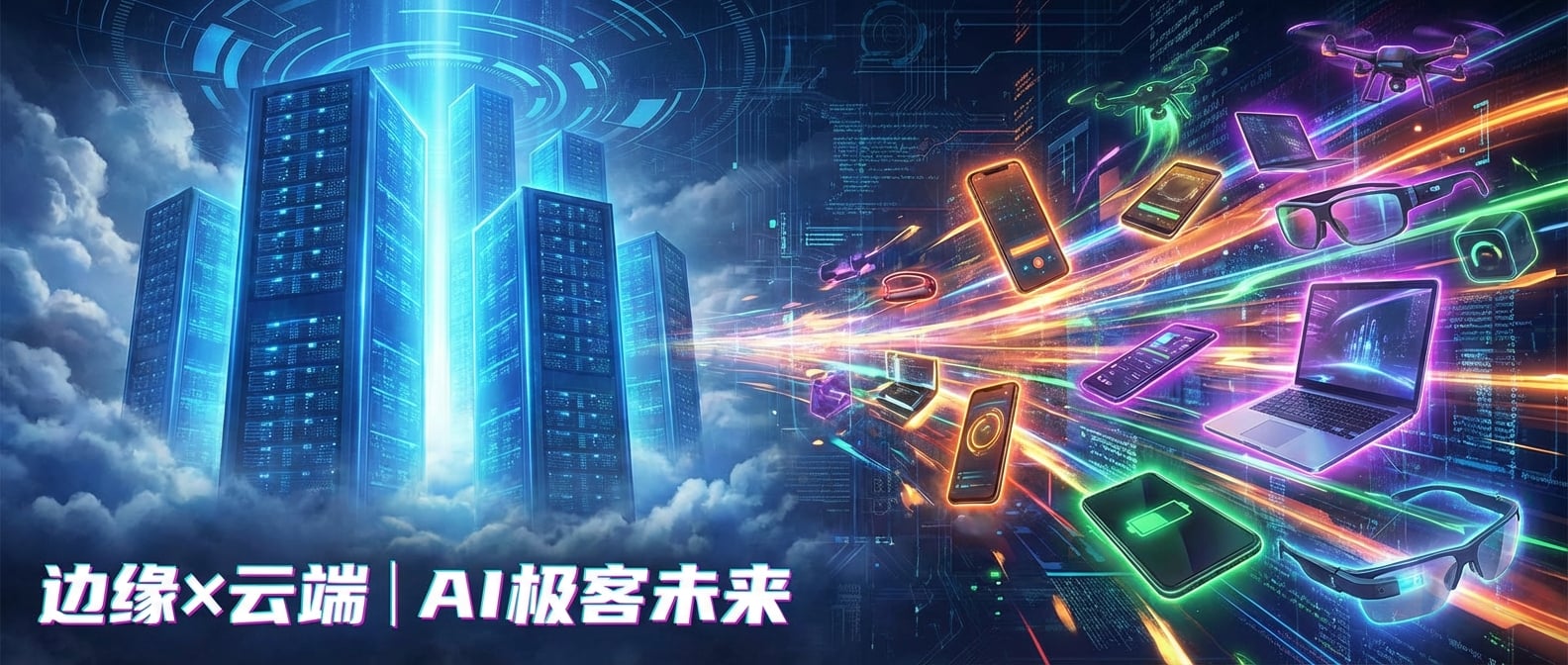 文生图:赛博朋克风格插画,左侧是高耸入云的数据中心,象征云端AI,散发着冷静的蓝色光芒;右侧是各种发光的智能终端设备(手机、笔记本等),象征边缘AI,它们之间有数据流快速传递,背景是抽象的数字网络,对比强烈,表达云端与边缘的协作与互补。