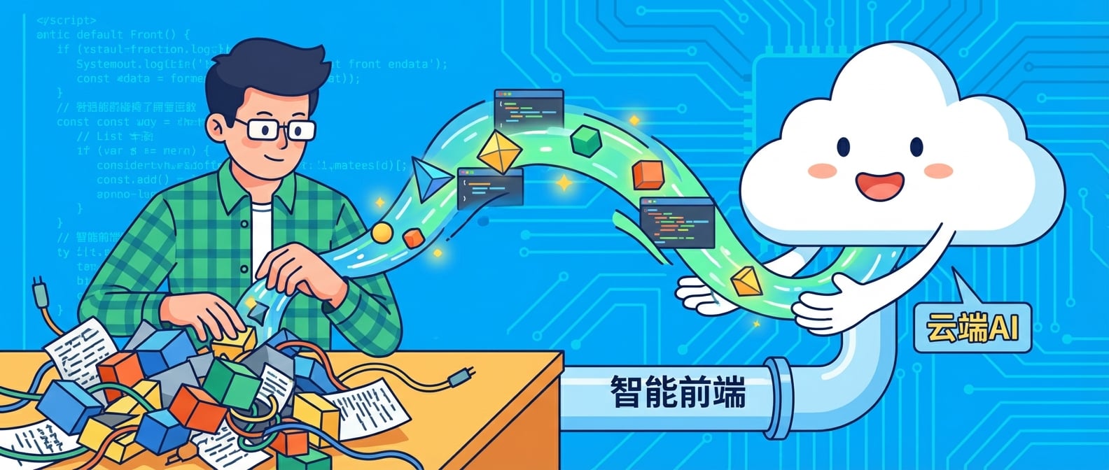 文生图:扁平插画风格,一位前端工程师正在给一堆杂乱的数据(象征原始数据)进行分类整理,旁边的云朵(象征云端AI)开心地伸出双手接收处理后的精炼数据,数据流从前端工程师流向云端,色彩清晰,表达了数据在前端被智能处理,减轻云端负担。