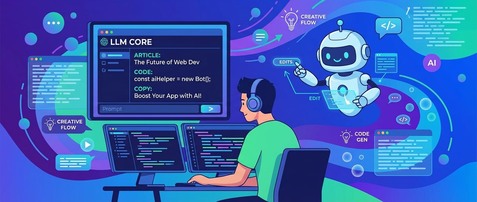 文生图:扁平插画风格,一位前端开发者坐在电脑前,屏幕上LLM模型正在根据Prompt生成文章、代码片段和营销文案,AI助手(一个可爱的卡通机器人)正在协助开发者调整和润色内容,背景是充满创意灵感的气泡和文本流,象征着LLM在内容创作方面的强大能力。