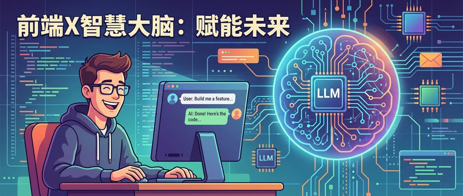 文生图:扁平插画风格,一位前端开发者坐在电脑前,屏幕上显示着一个对话式的AI应用界面,一个巨大的、发光的“智慧大脑”(LLM的抽象表示)通过数据流与前端应用连接,开发者脸上洋溢着兴奋,背景是抽象的数字网络和代码元素,象征着前端应用通过LLM变得更加智能。