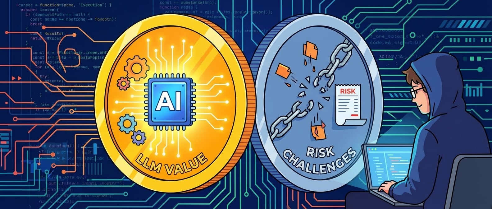 文生图:扁平插画风格,一枚巨大的硬币,一面是闪耀的AI芯片和齿轮,象征LLM带来的巨大价值,另一面是破碎的锁链、泄露的数据和高额账单,象征潜在的挑战,硬币在前端开发者面前旋转,背景是交织的代码和数据流。