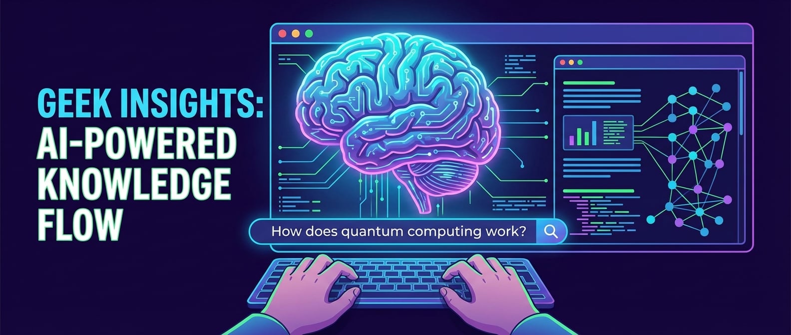 文生图:扁平插画风格,一个巨大的LLM模型(以大脑形象表示)被集成到前端应用的搜索框中,用户输入自然语言问题,LLM模型快速处理后在搜索结果区域提供精准、富有洞察力的答案,旁边有知识图谱和数据流,象征着知识的汇聚与智能。