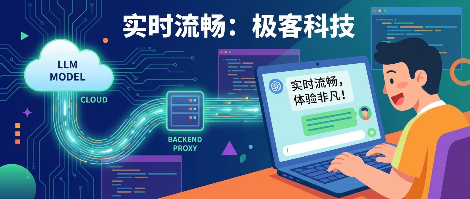 文生图:扁平插画风格,一个用户正在与AI聊天界面互动,AI的回复像打字机一样一个字一个字地出现在屏幕上,用户脸上露出满意和惊喜的表情,数据流从LLM模型(在云端)通过后端代理流向前端界面,强调实时性和流畅的用户体验。