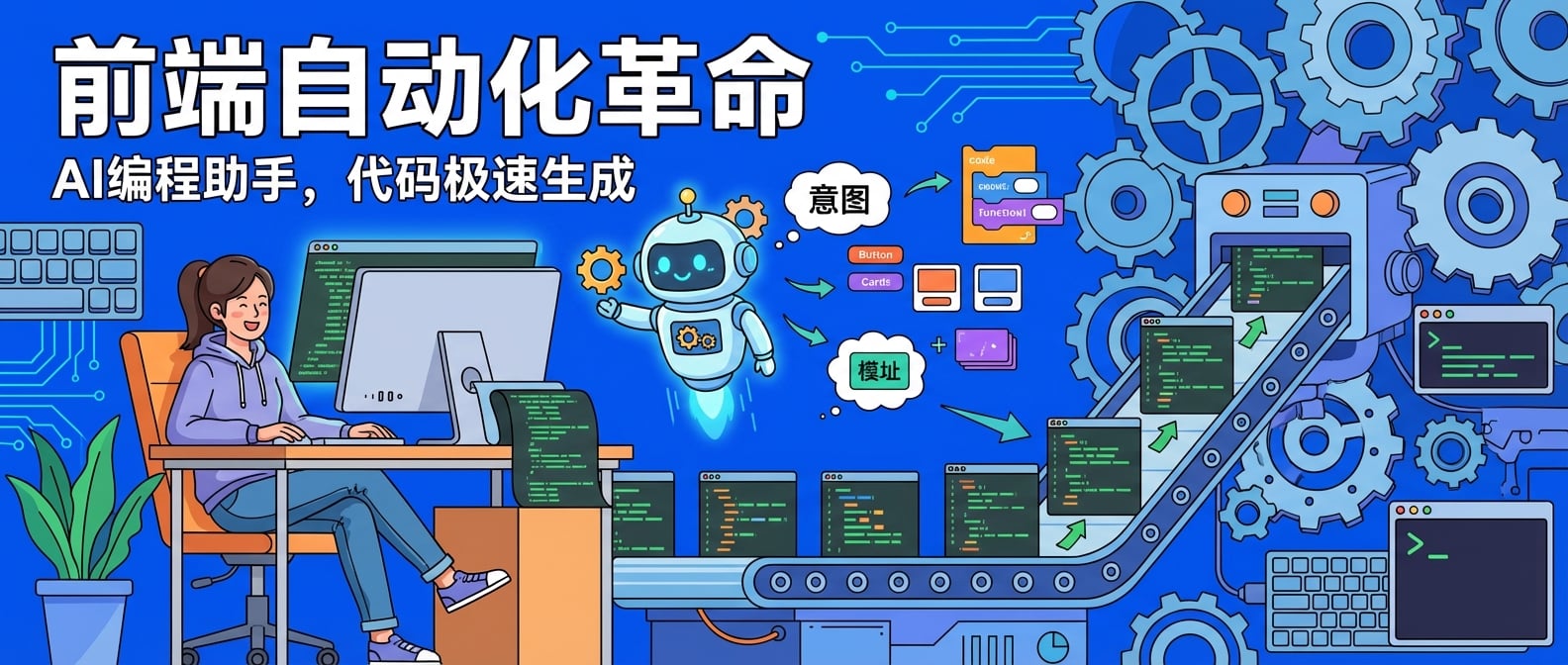 文生图:扁平插画风格,一位前端开发者轻松地坐在电脑前,面前的屏幕上代码正在自动生成,AI助手(一个可爱的卡通机器人)正在快速将开发者的意图转化为代码块、组件和功能模块,背景是高速运转的齿轮和代码生产线,象征着代码生成的自动化和高效性。