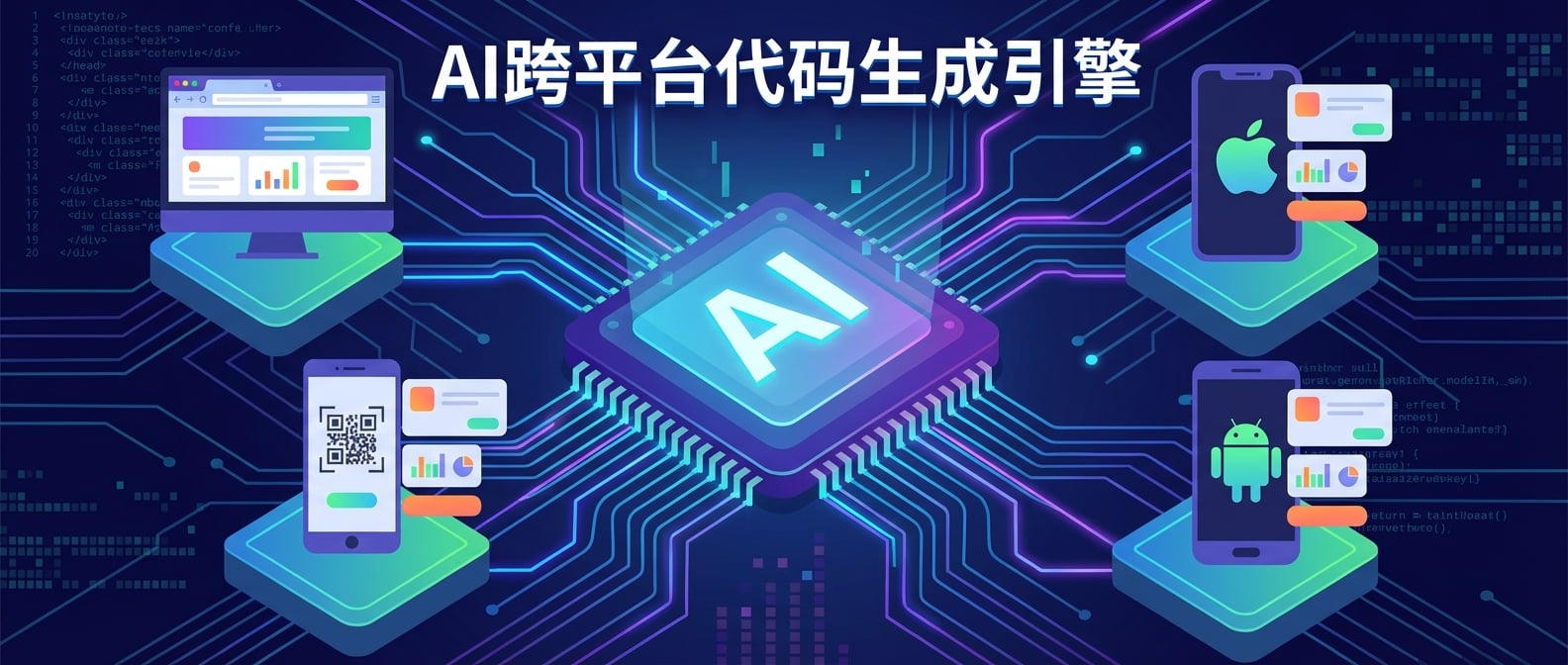 文生图:扁平插画风格,一个巨大的AI处理器作为核心,连接着多个不同的前端平台图标(Web、小程序、iOS、Android),数据流从AI处理器流向各个平台,每个平台都在展示同一套UI但适配了各自的风格,象征着AI的通用适配和跨平台代码生成能力。