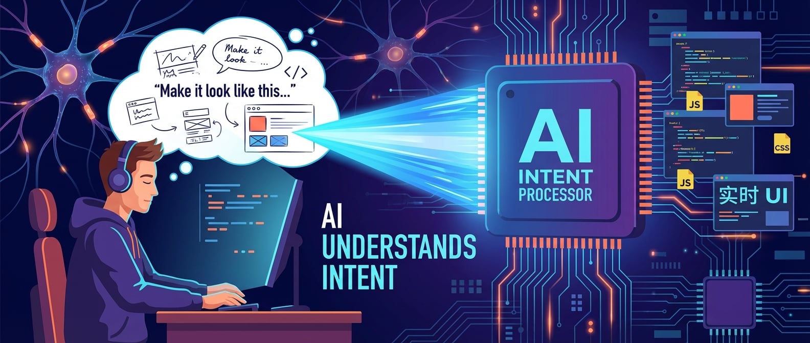 文生图:扁平插画风格,一位前端开发者闭目凝神,头顶上方有抽象的思维气泡,气泡中包含着自然语言描述、草图和UI元素,这些“意图”通过一道光束传输到一个巨大的AI处理器,AI处理器将其转化为流动的代码和实时的UI界面,背景是抽象的神经网络和数据流,强调AI在理解开发者意图方面的能力。