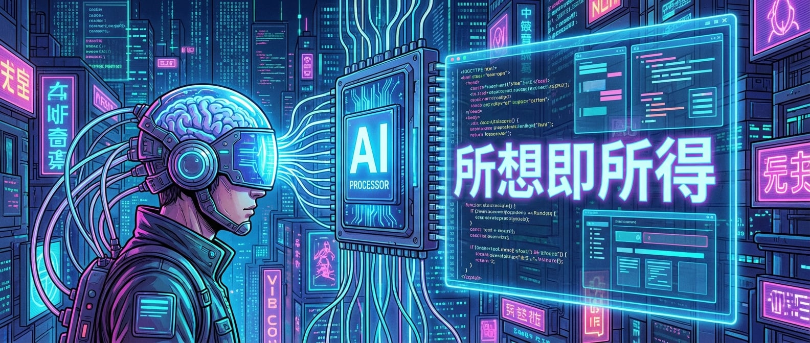 文生图:赛博朋克风格插画,一位前端开发者戴着神经接口头盔,脑电波(Vibe)以光线的形式直接输入到一个巨大的AI处理器中,AI处理器将意图转化为流动的代码和实时的UI界面,屏幕上显示着“所想即所得”的字样,背景是未来感十足的数字矩阵,色彩明亮,象征着Vibe Coding的革命性力量。