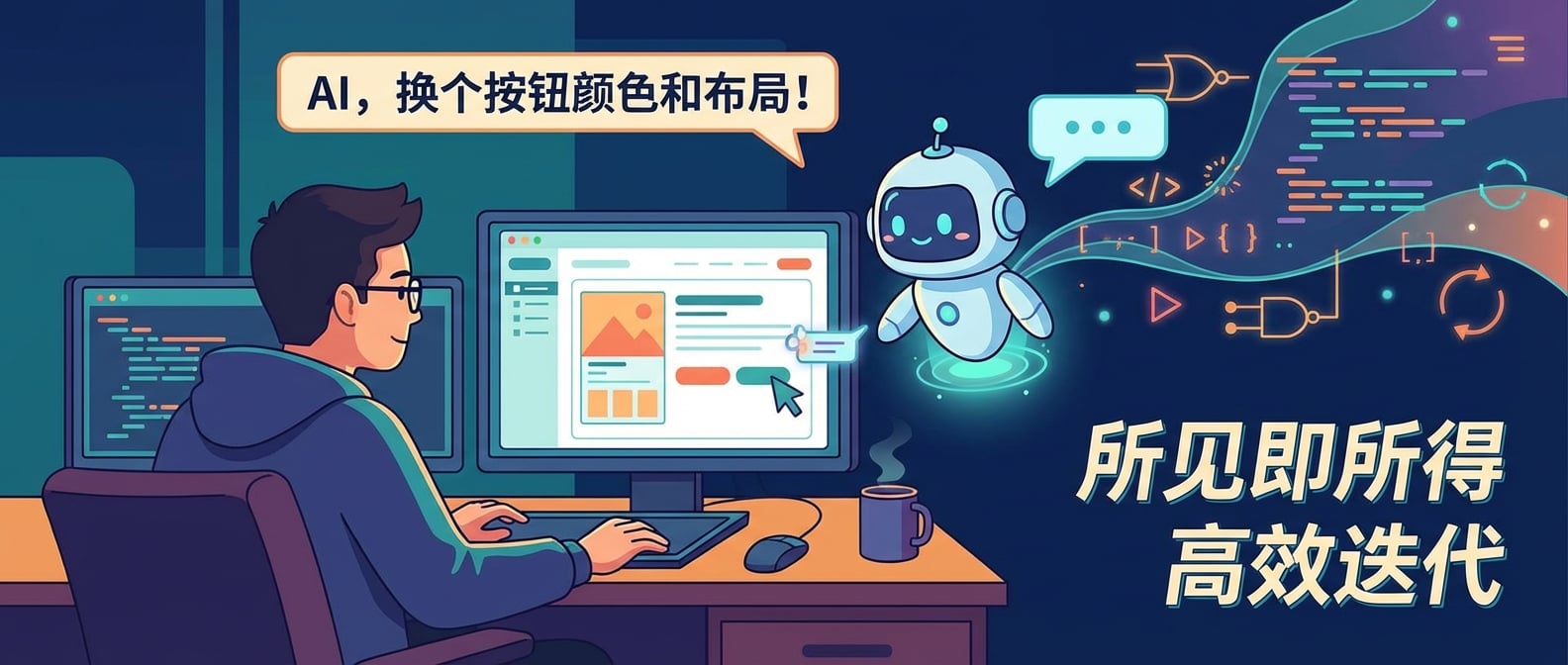 文生图:扁平插画风格,一位前端开发者在电脑前,屏幕上显示着实时更新的UI界面预览,AI助手(一个可爱的卡通机器人)正在接收开发者的语音指令(对话泡泡),然后实时修改界面元素,旁边是流动的代码和交互动画的模拟,象征着所见即所得和高效迭代的开发流程。