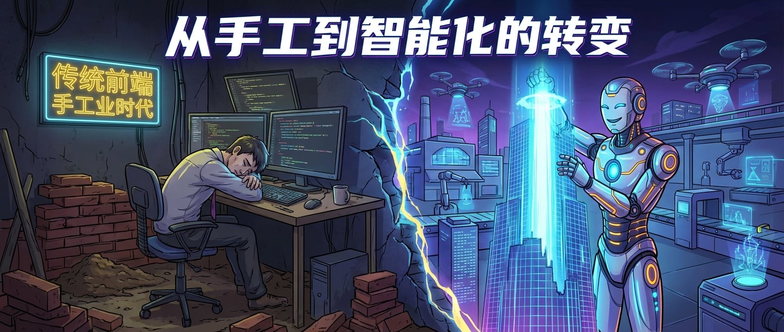文生图:赛博朋克风格插画,左侧是疲惫的程序员,面前堆满了砖块和泥土,象征传统前端的“手工业时代”,右侧是微笑的AI机器人建造师,正在用光束快速搭建一座宏伟的数字建筑,背景是充满未来感的智能工厂和生产线,强调从手工到智能化的转变。
