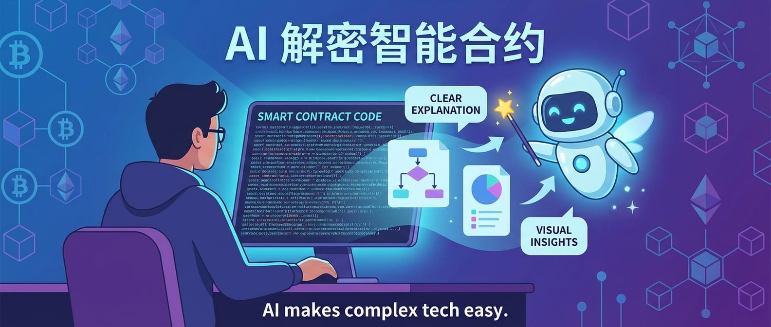 文生图:扁平插画风格,一个用户面前摆放着一份密密麻麻的智能合约代码,AI助手化身为一个友好的卡通形象,手持魔法棒,将代码转化为清晰易懂的图表和文字,背景是区块链的符号,强调了AI在理解复杂技术方面的作用。