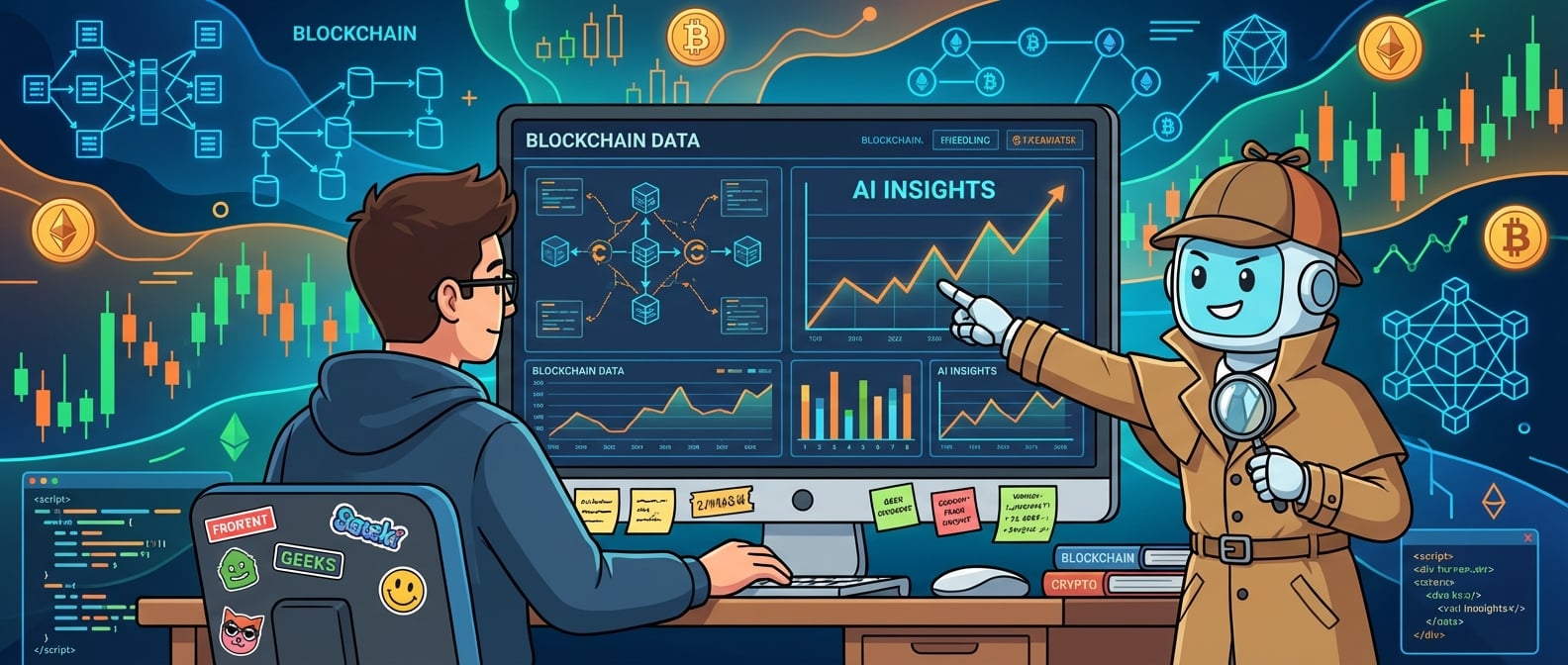 文生图:扁平插画风格,一个前端工程师面前的屏幕上显示着复杂的链上数据,AI助手化身为一个戴着侦探帽、手持放大镜的卡通形象,指向屏幕上的关键数据趋势,背景是流动的区块链图谱和K线图,色彩清晰,表达了AI在数据洞察方面的作用。