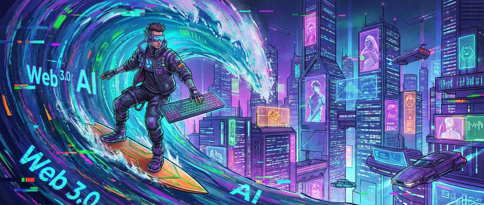 文生图:赛博朋克风格插画,一位前端开发者站在一个巨浪前,巨浪上印有“Web 3.0”和“AI”字样,他手持发光的键盘,准备冲浪。背景是未来感十足的数字城市,霓虹闪烁,充满活力和挑战。