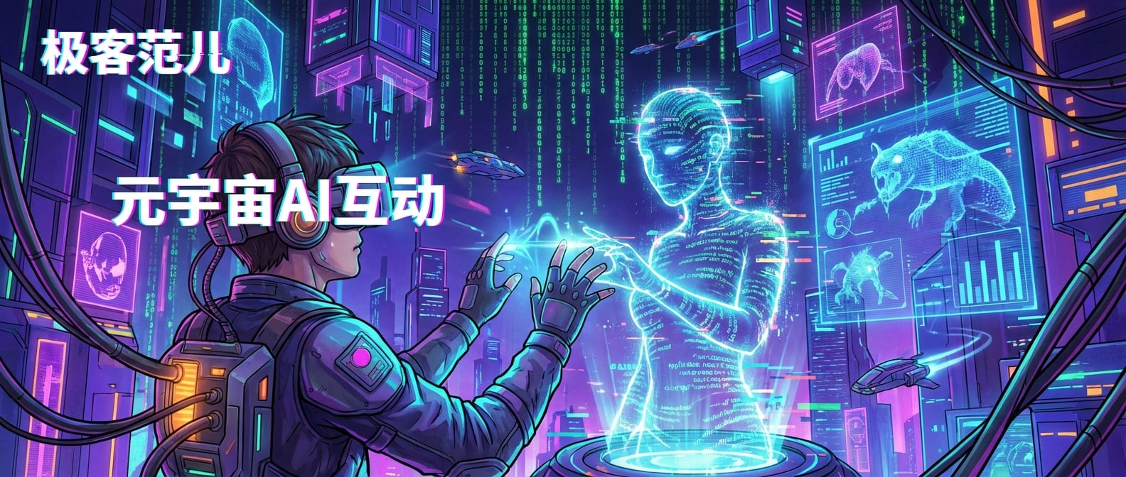 文生图:赛博朋克风格插画,一个用户戴着VR头盔,在元宇宙中与AI驱动的虚拟形象进行互动,周围是AI生成的光怪陆离的虚拟场景,有浮空的建筑、流动的代码雨和全息投影,画面充满未来感和科技感。