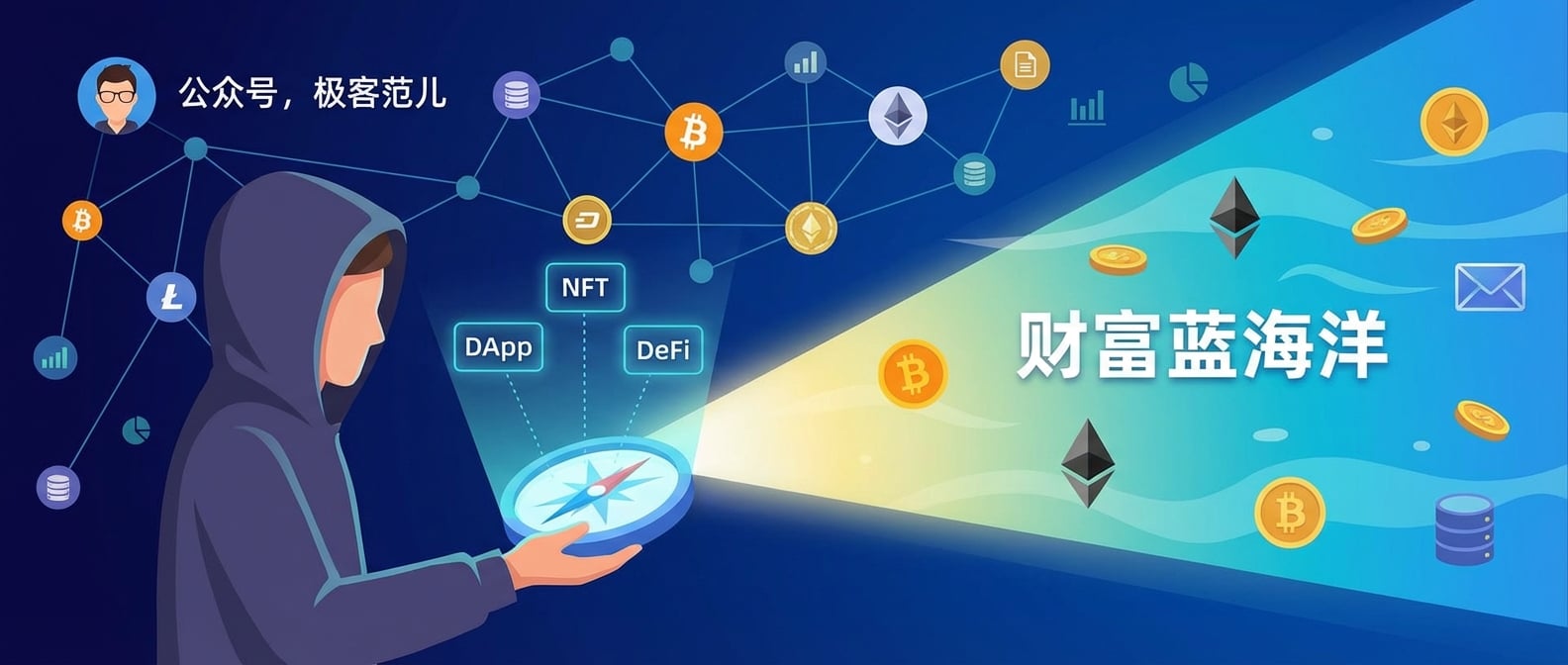 文生图:扁平插画风格,一个用户手持一个智能罗盘,罗盘上显示着AI算法推荐的DApp、NFT和DeFi产品,罗盘的光芒照亮前方的财富蓝海,背景是去中心化的区块链网络和各种数字资产符号,画面充满指引和希望。