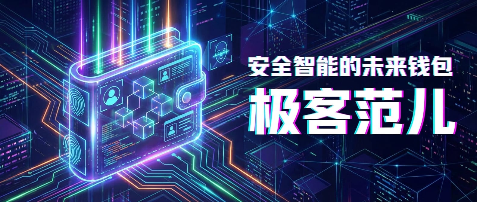 文生图:赛博朋克风格插画,一个抽象的“钱包”图标被一道道AI光束和生物识别(指纹、面部扫描)环绕保护,钱包内部是互相连接的区块链方块和用户身份信息,背景是未来感的数字网络,强调安全和智能。