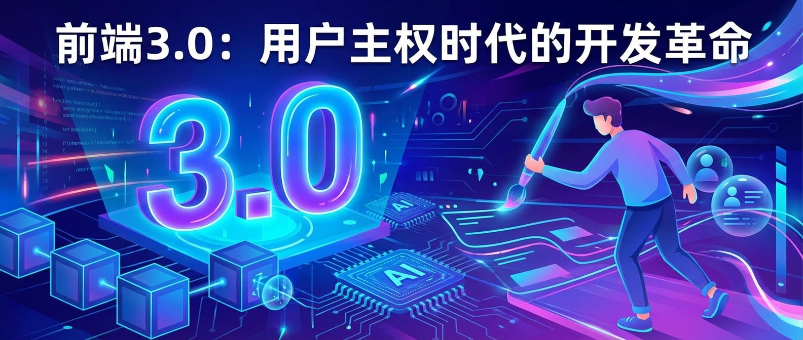 文生图:扁平插画风格,一个巨大的、发光的“3.0”数字漂浮在空中,下方是相互连接的区块链方块、AI智能芯片图案和用户拥有的数据球,一个前端开发者手持画笔,正在这些元素上勾勒出流畅的用户界面,背景是充满活力的数字网络。