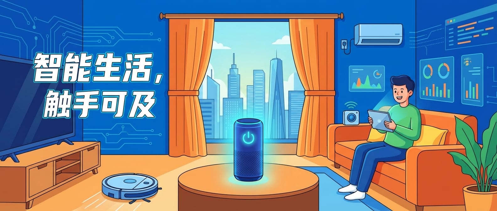 文生图:扁平化插画,一个温馨现代的客厅,智能音箱发出柔和的光芒,窗帘自动拉开,机器人吸尘器正在地面上工作。卡通人物坐在沙发上,手持平板电脑,享受着智能生活。背景充满科技感和便利。