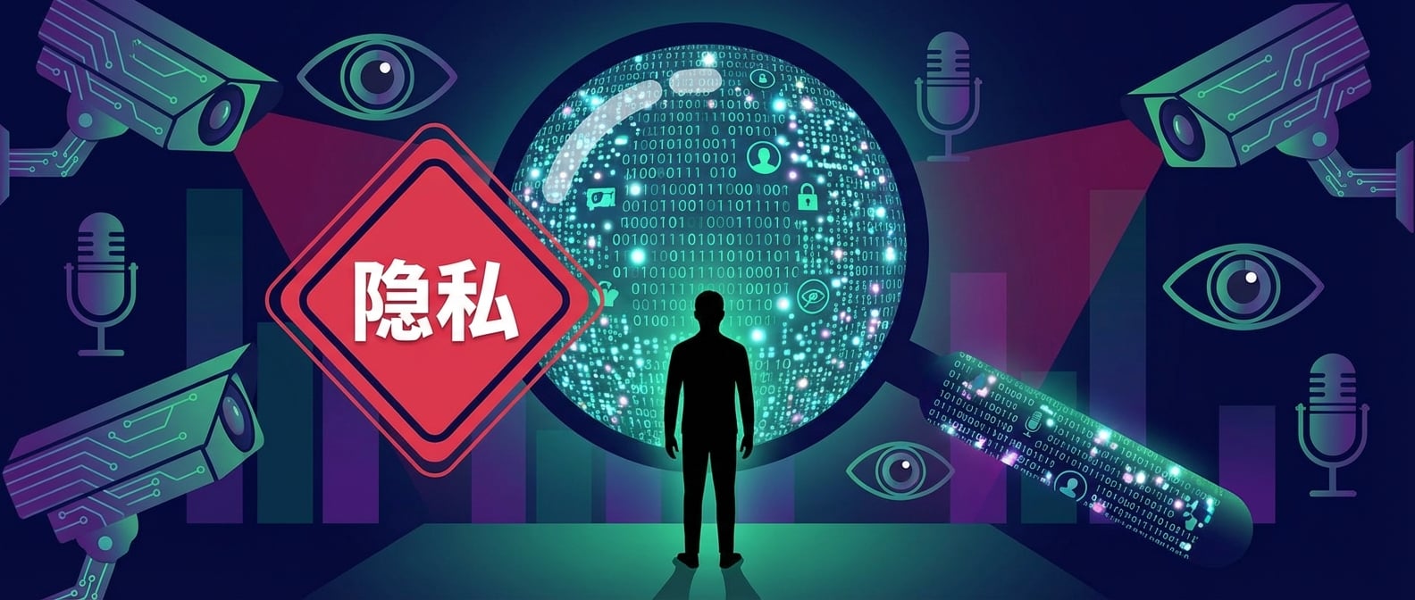 文生图:扁平化插画,一个人形剪影站在一个由无数数据点和隐私符号组成的巨大放大镜下,周围是各种AI眼睛和麦克风,象征着无处不在的监控和数据收集。画面中央突出一个“隐私”的红色警示标志。