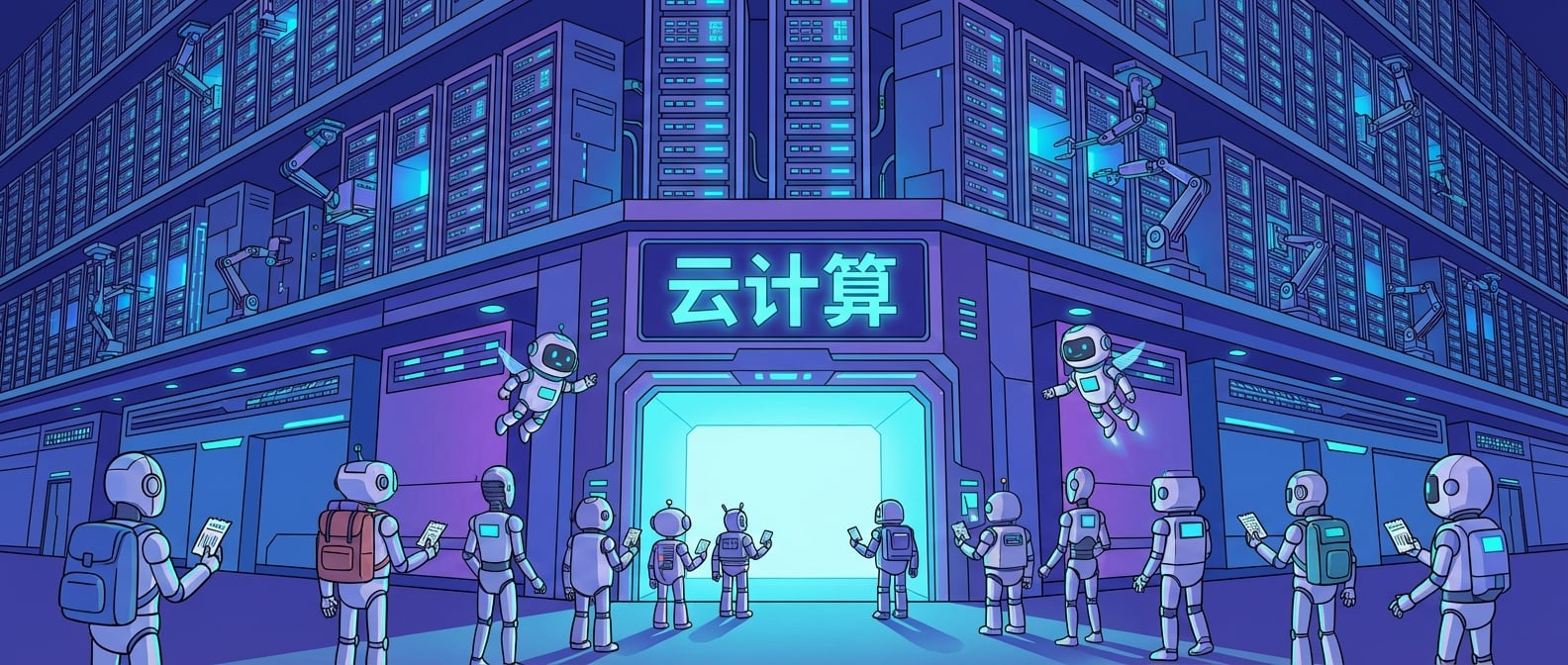 文生图:扁平化插画,一个巨大的、未来感的工厂,里面排列着无数闪烁着蓝色光芒的服务器机架,机器臂正在灵活地调度资源。工厂大门上写着“云计算”,几个卡通AI机器人正在工厂门口排队,准备进入租用算力。整体风格科技感强,体现无限扩大的概念。
