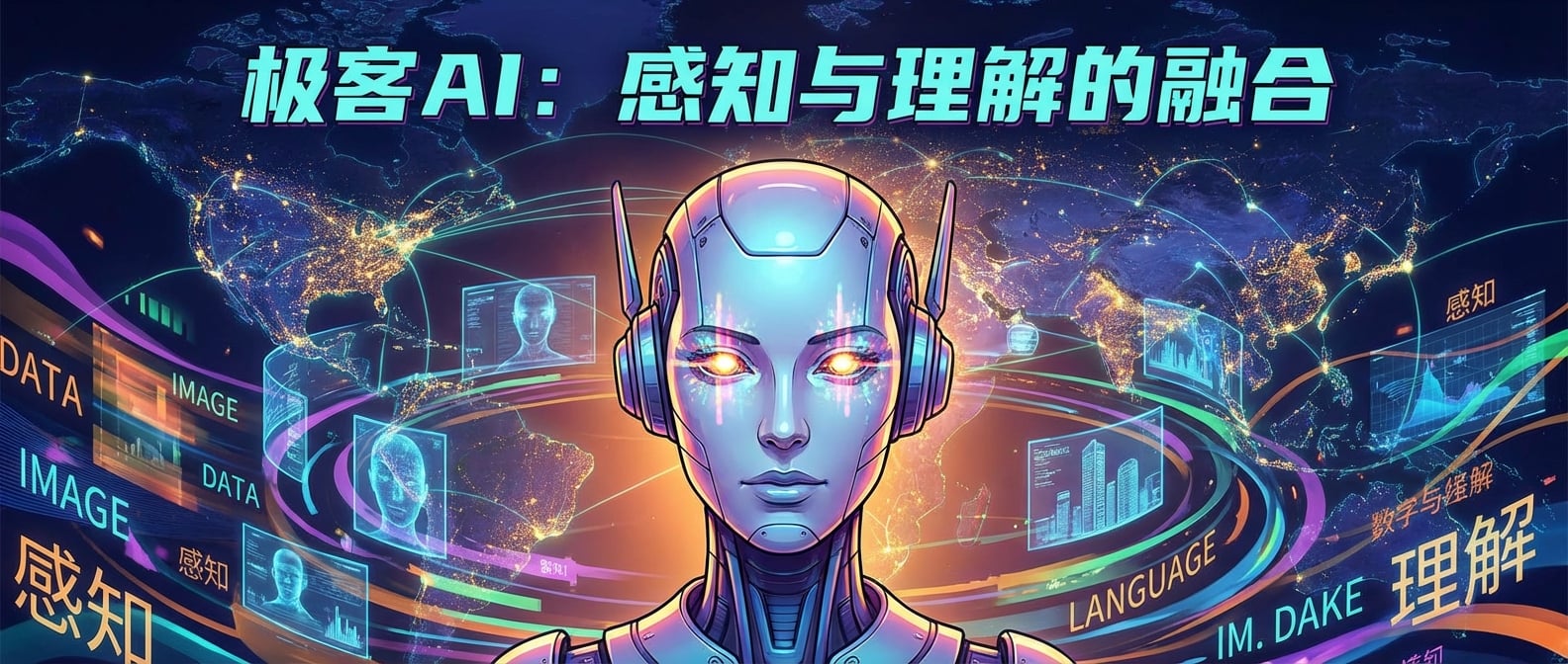 文生图:现代科技感插画,AI机器人拥有闪烁着智慧的眼睛和耳朵,周围环绕着象征数据流、图像和文字的抽象元素,背景是互联互通的全球网络,寓意AI感知与理解能力的融合。