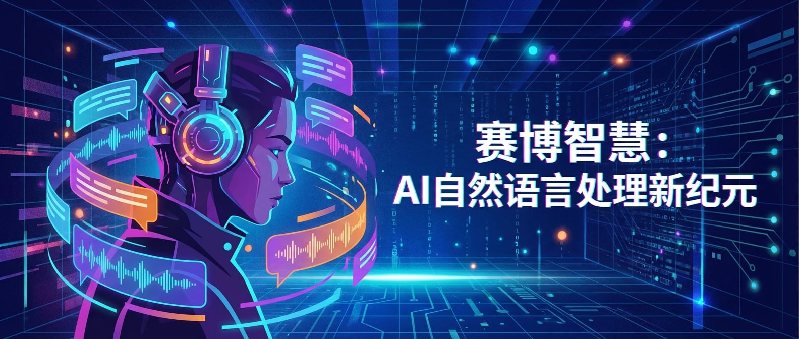 文生图:赛博朋克风格的扁平插画,一个人戴着耳机,耳边围绕着各种文字气泡和语音波形,背景是虚拟的网络空间和数据流,象征AI自然语言处理的智慧与高效。