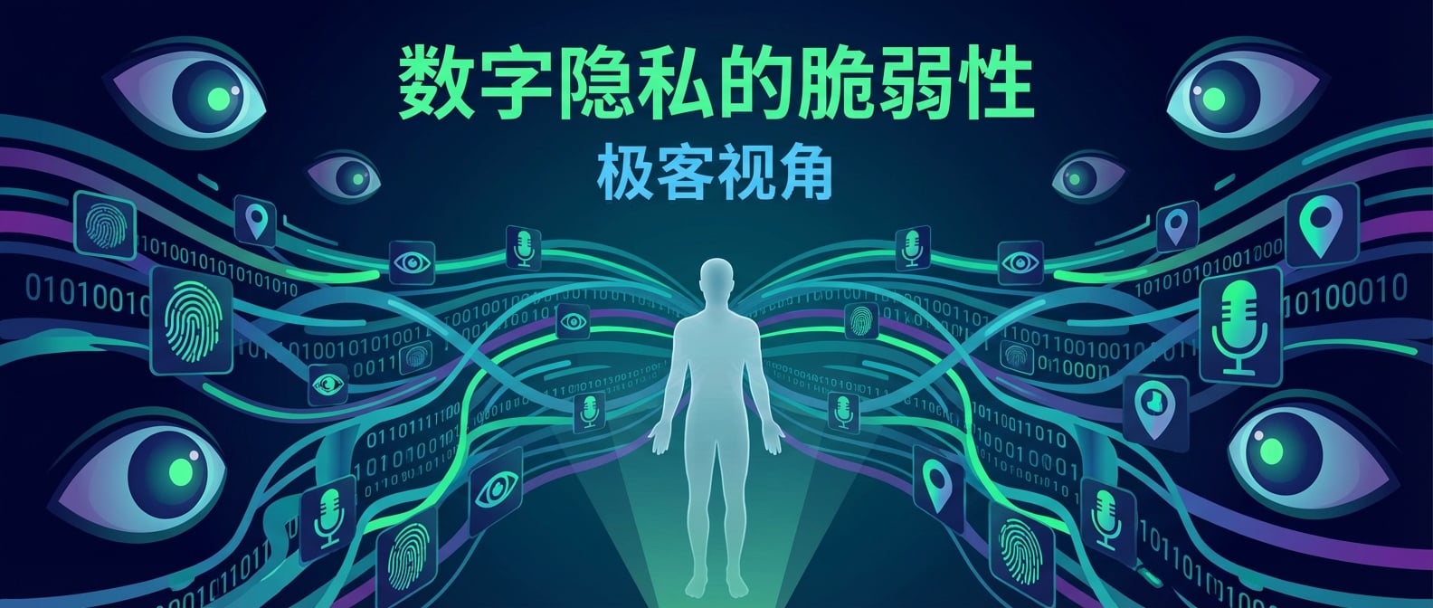 文生图:扁平化插画,一个人形剪影站在一个巨大的由数据流和符号(指纹、眼睛、麦克风、位置图标)组成的网络中央,四周有AI的眼睛在监视。剪影几乎透明,象征着隐私的流失。整体色彩冷峻,强调数字隐私的脆弱性。