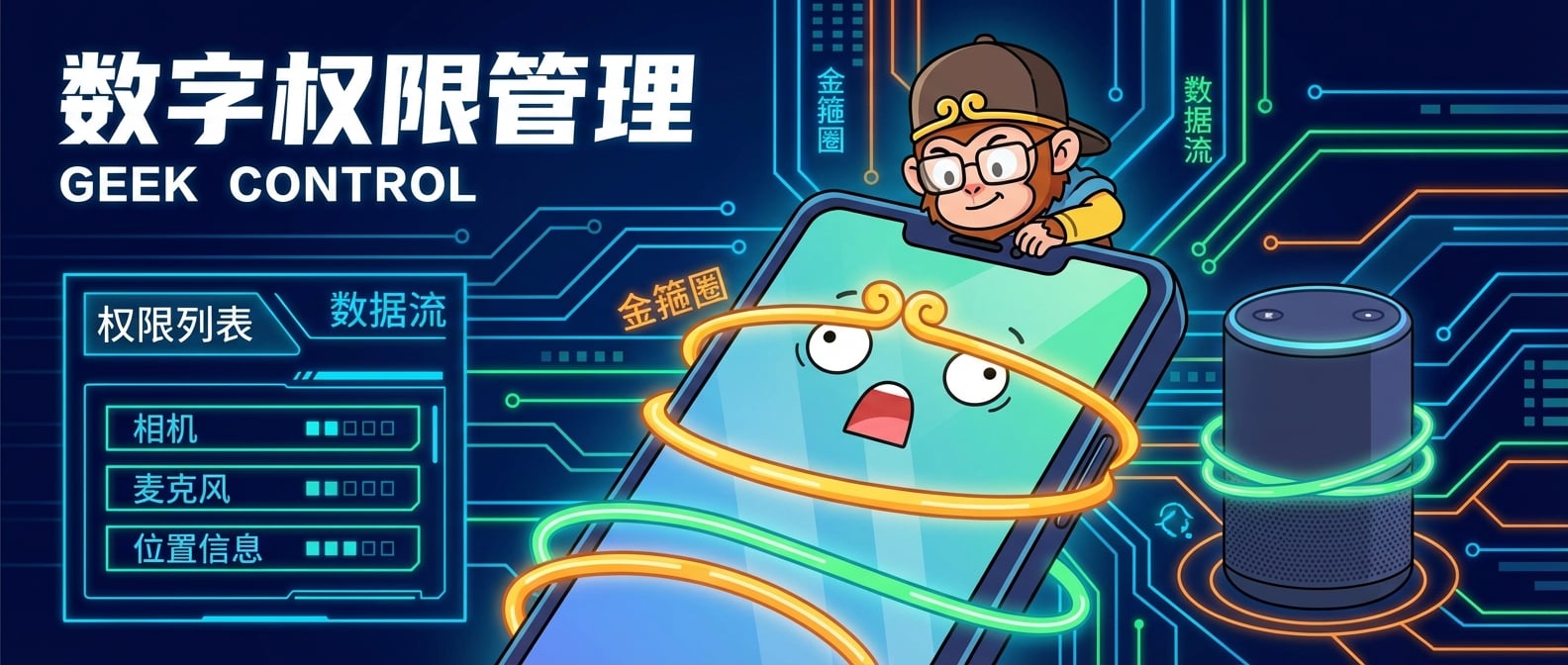 文生图:扁平化插画,一个卡通人物正在给一个巨大的智能手机和一个智能音箱“戴上金箍圈”,智能设备表情惊讶,被金箍圈束缚。背景是数据流和权限列表,象征着对数字权限的有效管理和控制。