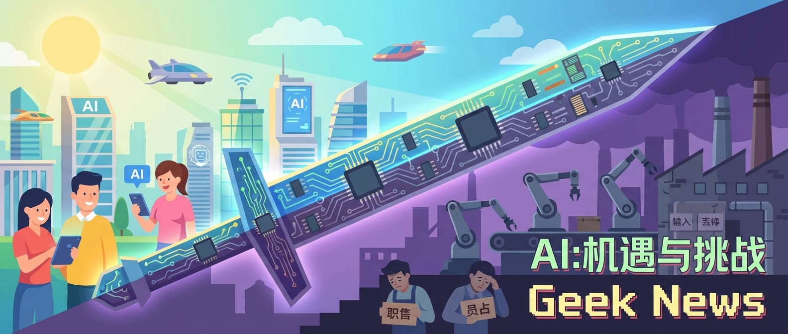 文生图:扁平化插画,一把AI形状的“双刃剑”悬浮在空中。剑的一面是充满阳光的未来科技城市,人们在享受AI带来的便利和机遇。另一面是阴影笼罩下的传统工厂,机器人正在取代重复性劳动,人们面临失业挑战。画面色彩对比鲜明,象征机遇与挑战并存。