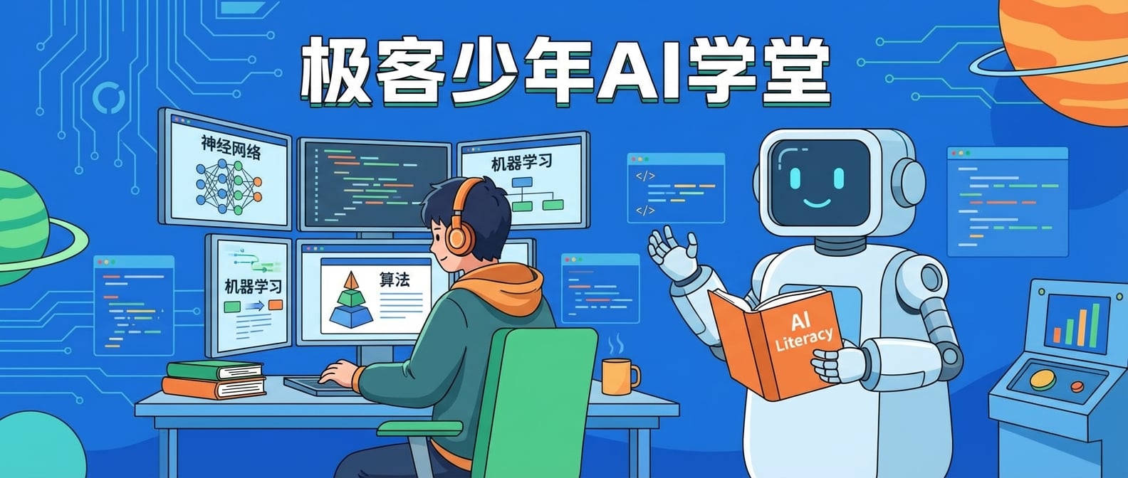 文生图:扁平化插画,一个少年正在学习AI基础知识,他面前的屏幕上显示着AI的各种概念(神经网络、机器学习、算法)。旁边有一个友善的AI机器人作为他的学习伙伴,手中拿着一本写着“AI Literacy”的书。