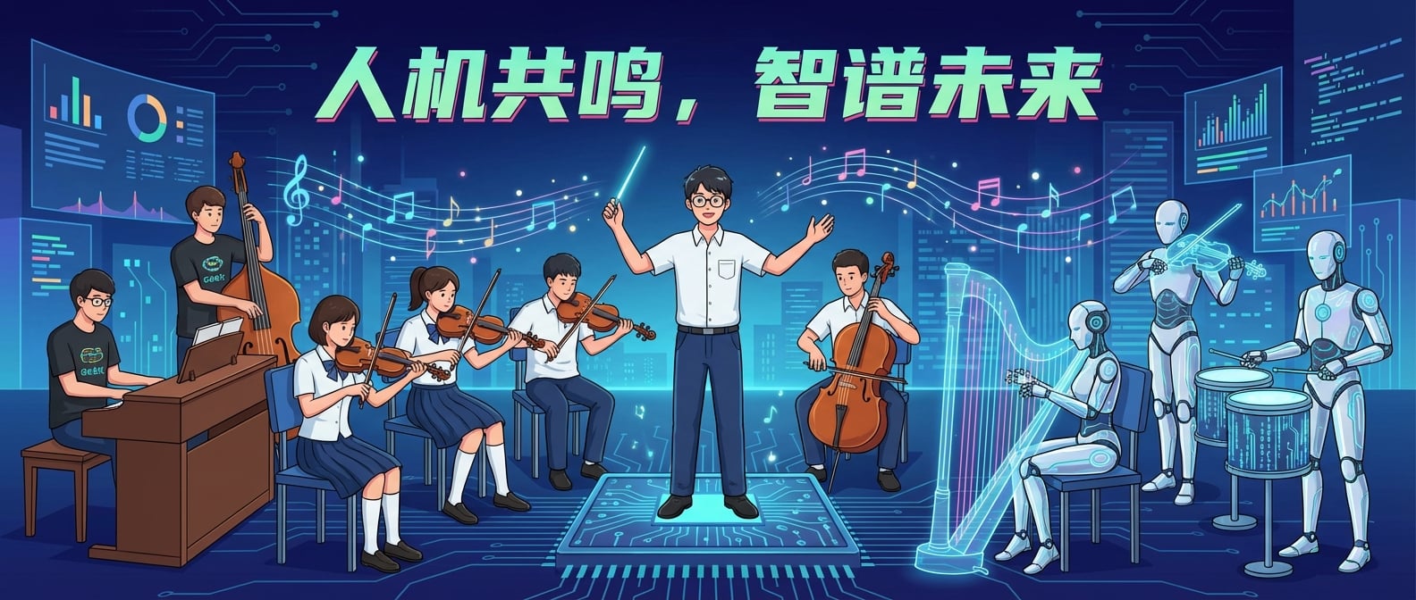 文生图:扁平化插画,一个高中生(指挥家)站在舞台中央,手持指挥棒,指挥着一支特殊的“乐团”。乐团由人类和AI机器人共同组成,AI机器人演奏着未来感的乐器,人类则演奏传统乐器,两者和谐共鸣,共同创造美妙的音乐。