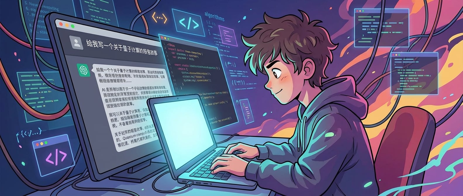 文生图:扁平化插画,一个卡通少年坐在电脑前,屏幕上显示着一个大语言模型的对话界面(例如ChatGPT),少年正在输入指令,AI则快速生成回应。画面充满互动感和创造力,背景是代码和文字符号。