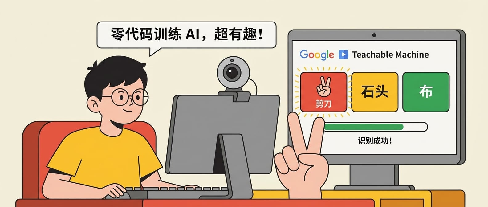 文生图:扁平化插画,一个少年正在电脑前使用Google Teachable Machine界面。屏幕上显示着分类训练图片的方框,少年手中摆出“剪刀手势”,屏幕中的AI方框正在识别。整体画面简洁明了,突出“零代码”训练AI的趣味性。