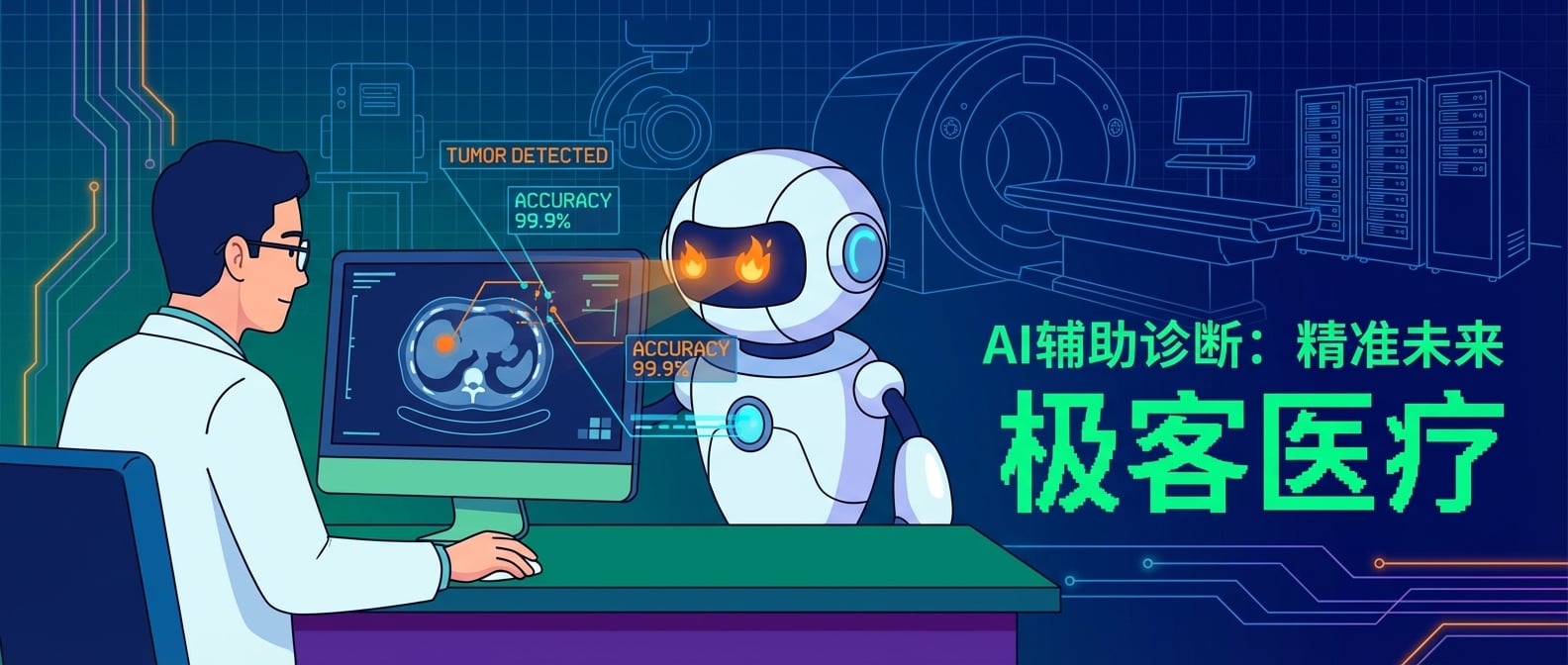 文生图:扁平化插画,一个医生正在查看电脑屏幕上的CT影像,旁边是一个卡通AI机器人,它的“火眼金睛”也聚焦在影像上,并给出标注。背景是医疗设备的线条图,强调AI辅助诊断的精准性。
