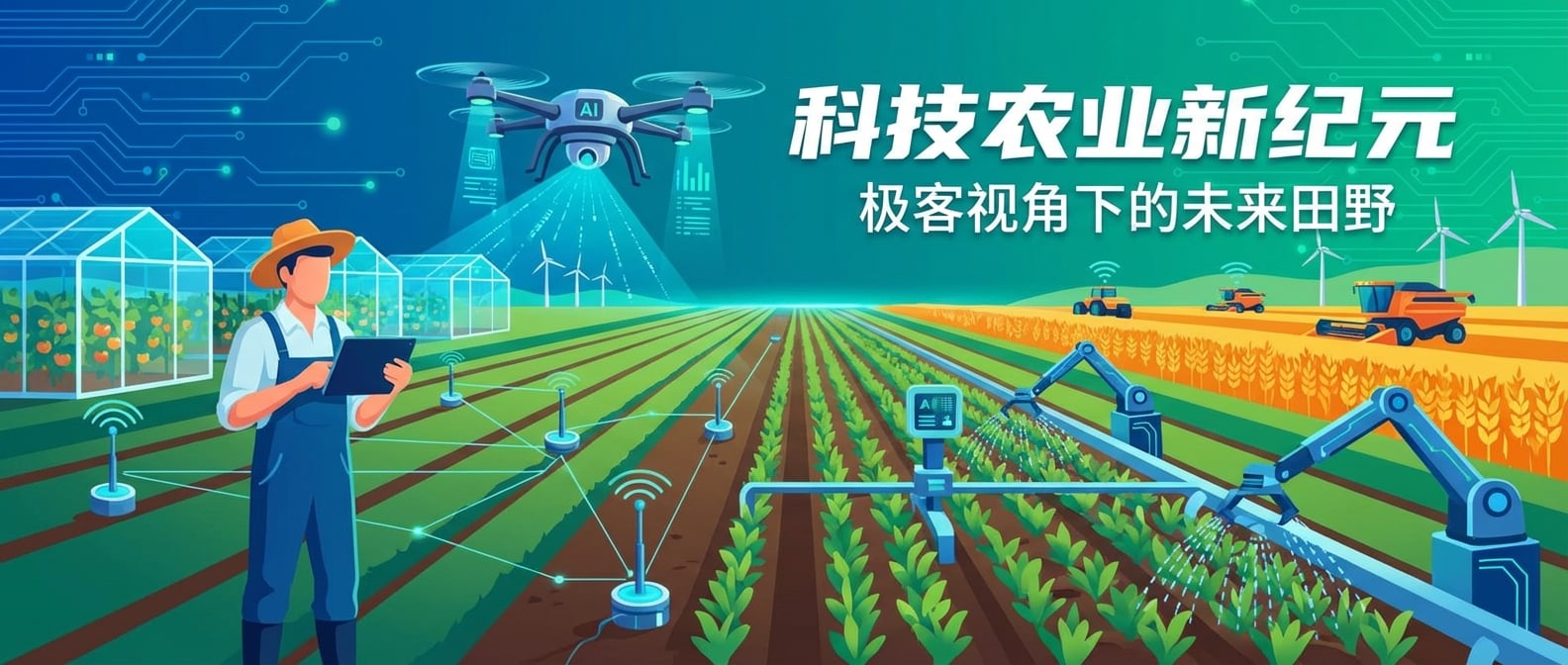 文生图:扁平化插画,一个农民站在田地里,一架AI无人机正在上空巡视,地面有智能传感器。AI根据数据控制自动灌溉系统,远处的农机正在自动作业。背景是丰收的田野,充满科技农业的希望。