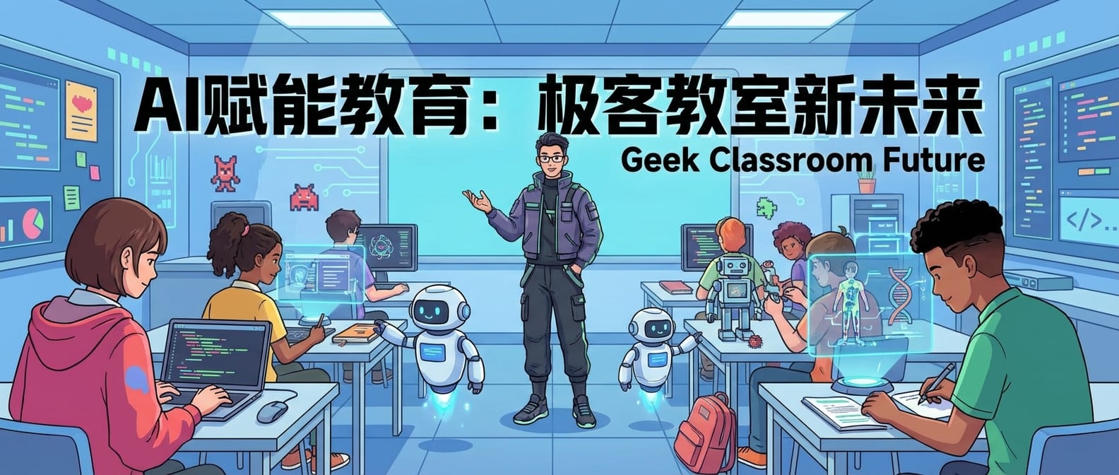 文生图:扁平化插画,一个老师和一群学生在教室里,AI投影仪正在个性化地为每个学生展示不同的学习内容和练习。AI机器人穿梭其间,辅助批改作业。画面充满互动感和科技感。