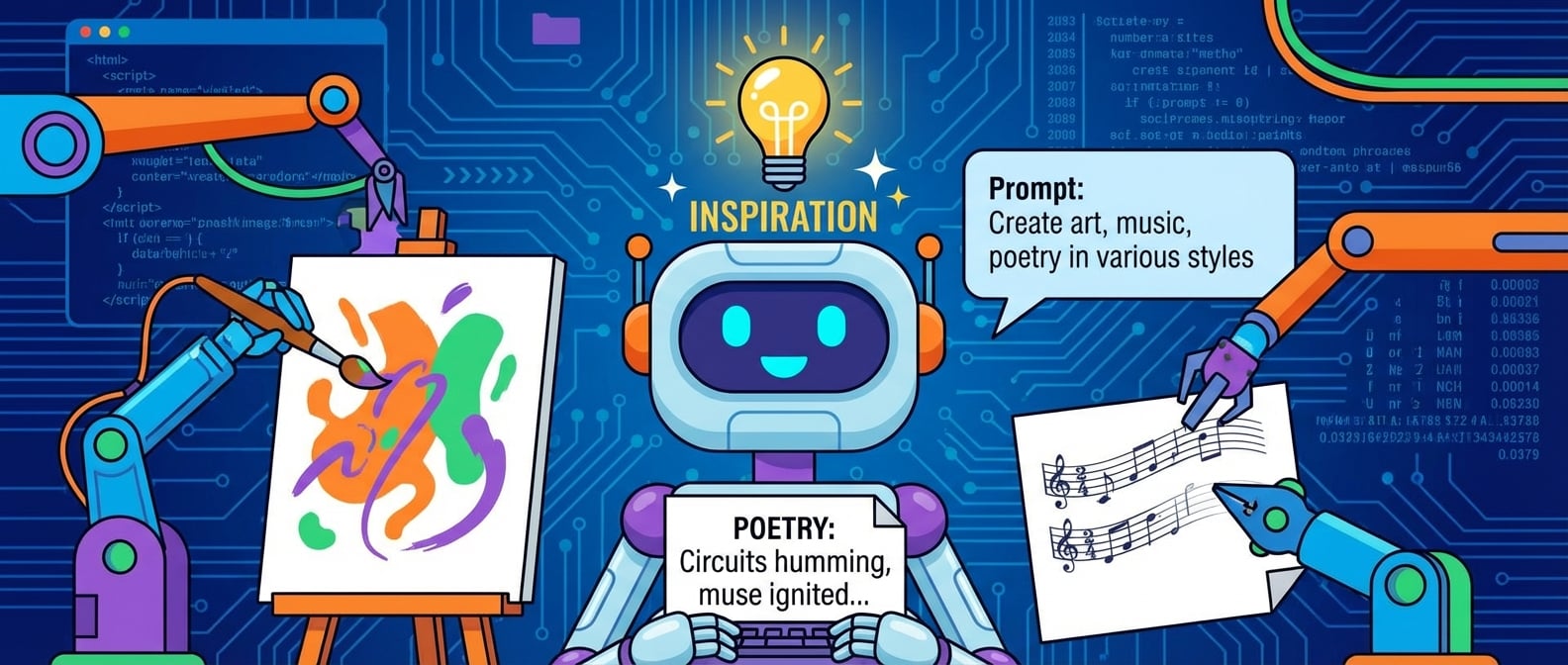 文生图:扁平化插画,一个卡通AI机器人的头部上方有一个灯泡闪烁,象征着“灵感”。它的机械臂正在快速地创作出各种风格迥异的艺术作品:诗歌、画作、乐谱等,旁边是用户的文字指令(Prompt)。