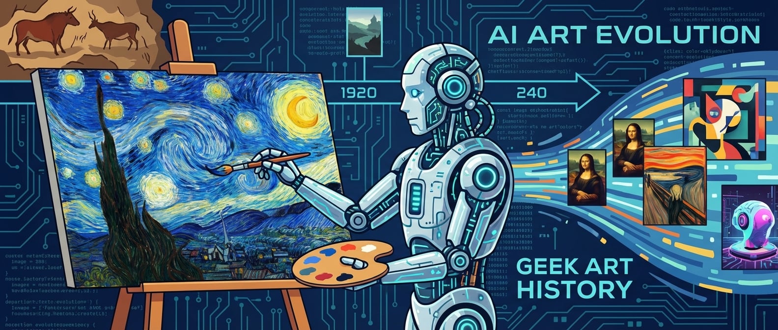 文生图:扁平化插画,一个AI机器人在一张巨大的画布前,手中握着调色板和画笔,模仿梵高星夜的风格在绘画。旁边是一堆世界名画的数据流,背景是艺术史的演变图。
