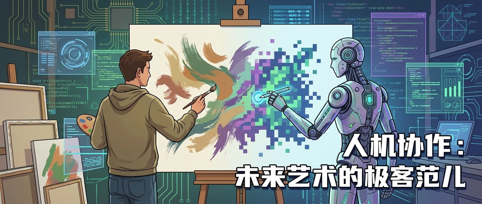 文生图:扁平化插画,一个人类艺术家和AI机器人在一张巨大的画板前共同创作。人类手持传统画笔,AI机械臂操作着数字画笔,两者和谐共创。背景是数字世界与物理世界的融合,象征着人机协作的未来艺术创作。