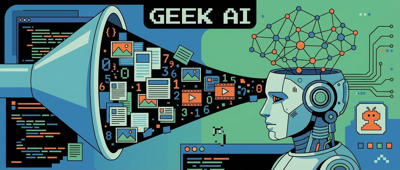 文生图:扁平化插画,一个巨大的漏斗,源源不断地倾泻着各种形式的数据(图片、文字、数字、视频),汇入一个AI机器人的头部。机器人表情专注,头顶上方有一个知识图谱正在形成。