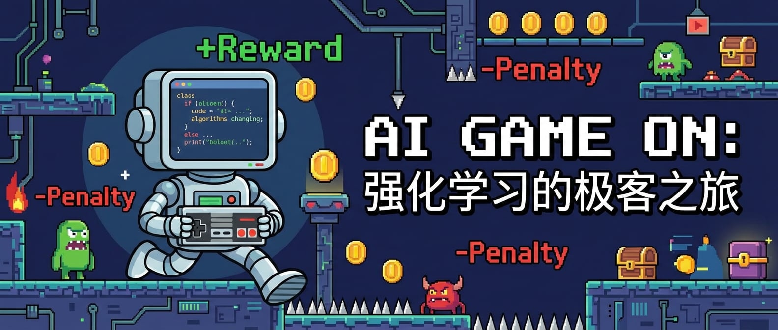文生图:扁平化插画,一个卡通AI机器人手持游戏手柄,在一个像素风格的游戏世界中闯关。每次成功通过障碍或获得金币,头顶会显示“+Reward”,失败则显示“-Penalty”,AI根据反馈调整策略。