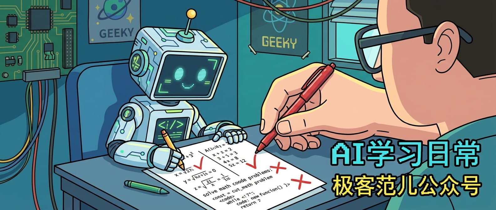 文生图:扁平化插画,一个卡通AI机器人在课桌前认真做题,旁边站着一个带着眼镜的“老师”(人手),批改着它的作业。作业上有明确的“对”和“错”标记,AI根据标记进行学习。
