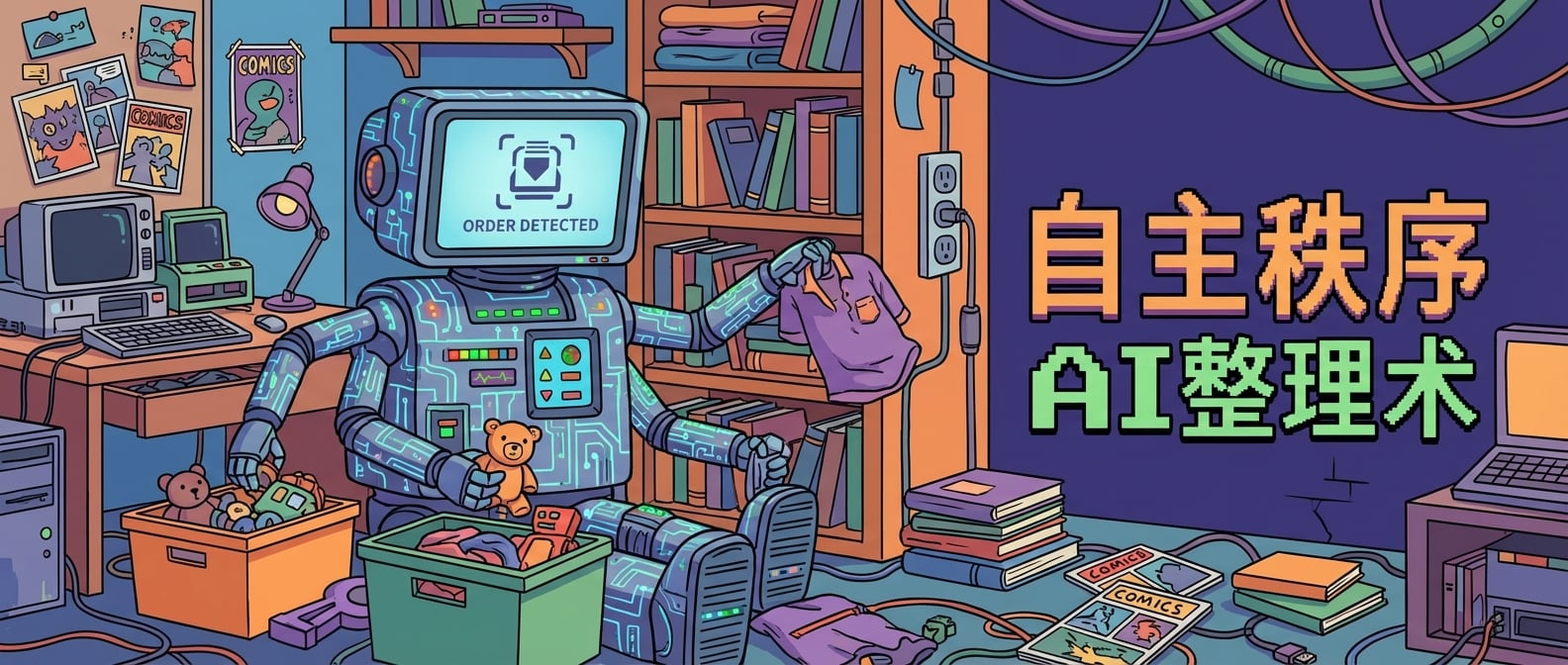 文生图:扁平化插画,一个卡通AI机器人在一个杂乱的房间里,自己将散落的玩具、书籍、衣服等物品按照类别整理归位。没有人类指示,它自主发现并创造秩序。