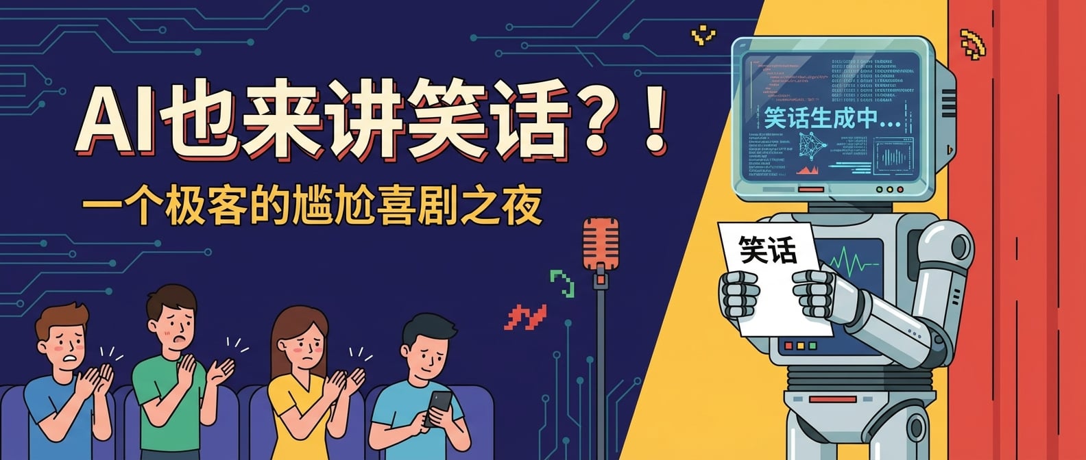 文生图:扁平化插画,一个AI机器人站在舞台上,手里拿着一张写着“笑话”的纸,僵硬地念着笑话,台下观众稀稀拉拉地鼓掌,有些尴尬。机器人头上显示着复杂的算法和数据流。