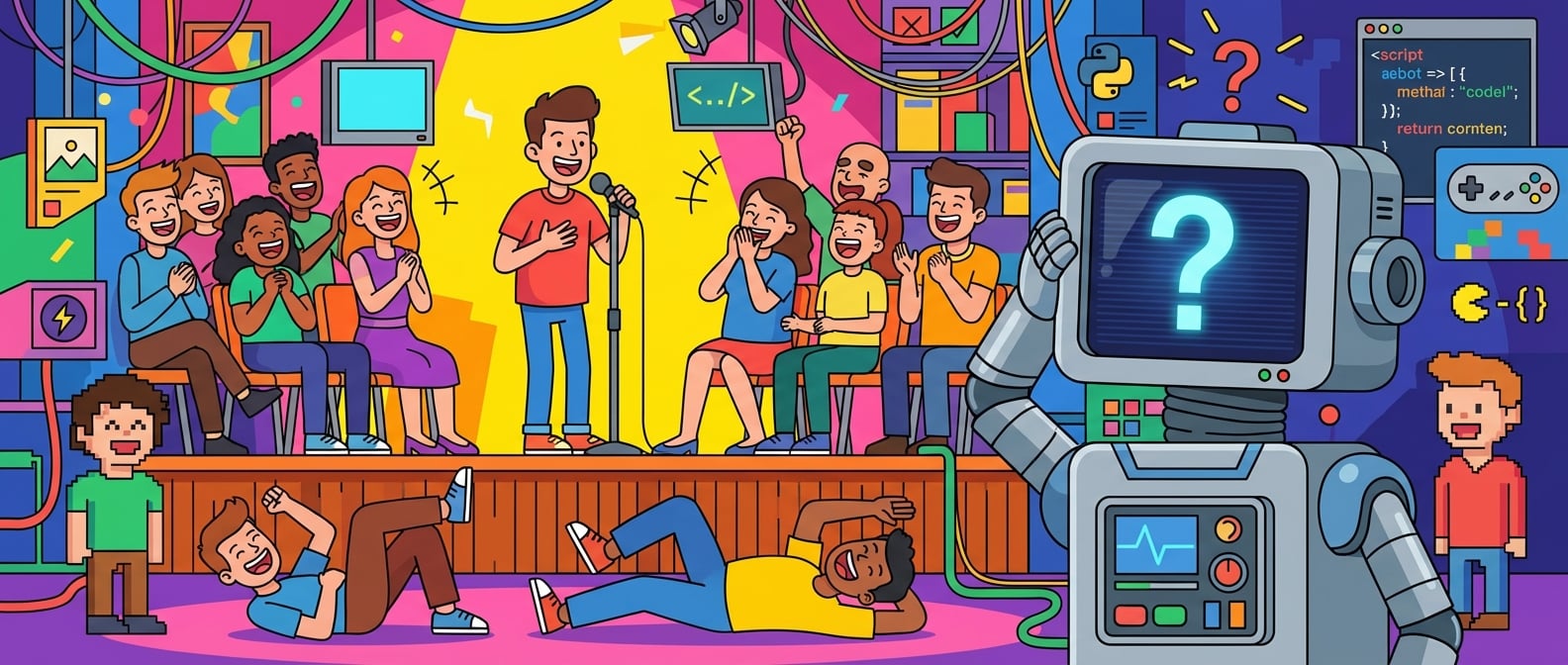 文生图:扁平化插画,一群人在围观一个喜剧演员表演单口相声,每个人都笑得前仰后合。旁边站着一个卡通AI机器人,脸上是茫然的问号表情,它无法理解人类的笑点。背景是舞台和观众席,色彩活泼,机器人与环境格格不入。