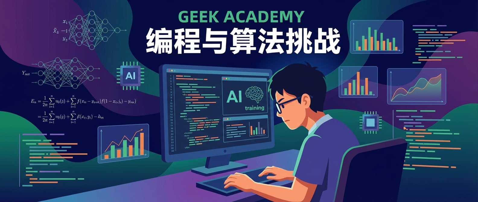 文生图:扁平化插画,一个高中生坐在电脑前,屏幕上显示着复杂的代码和AI模型训练界面。他眼神专注,周围漂浮着数学公式、数据图表和AI芯片,象征着编程与算法挑战。