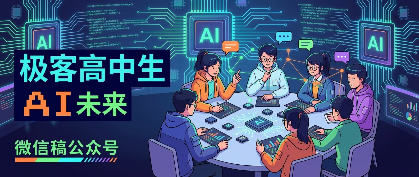 文生图:扁平化插画,几个高中生围坐在一张圆桌旁,桌上散落着AI芯片、代码片段、数据图表。他们表情专注,互相讨论,头顶上方有连接的线条和对话气泡,象征着思维的碰撞和团队协作。